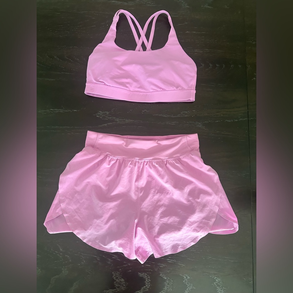 Lululemon set fast and free high rise shorts and energy bra dahlia mauve PINK